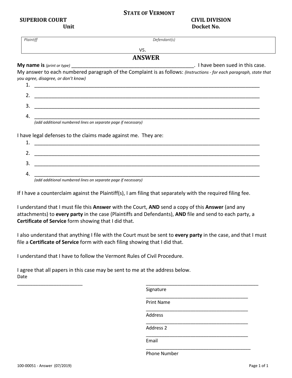 Form 100-00051 Answer - Vermont, Page 1