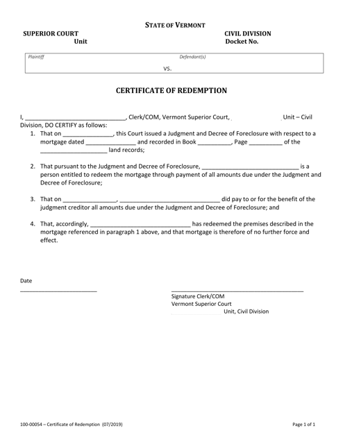 Form 100-00054 Certificate of Redemption - Vermont