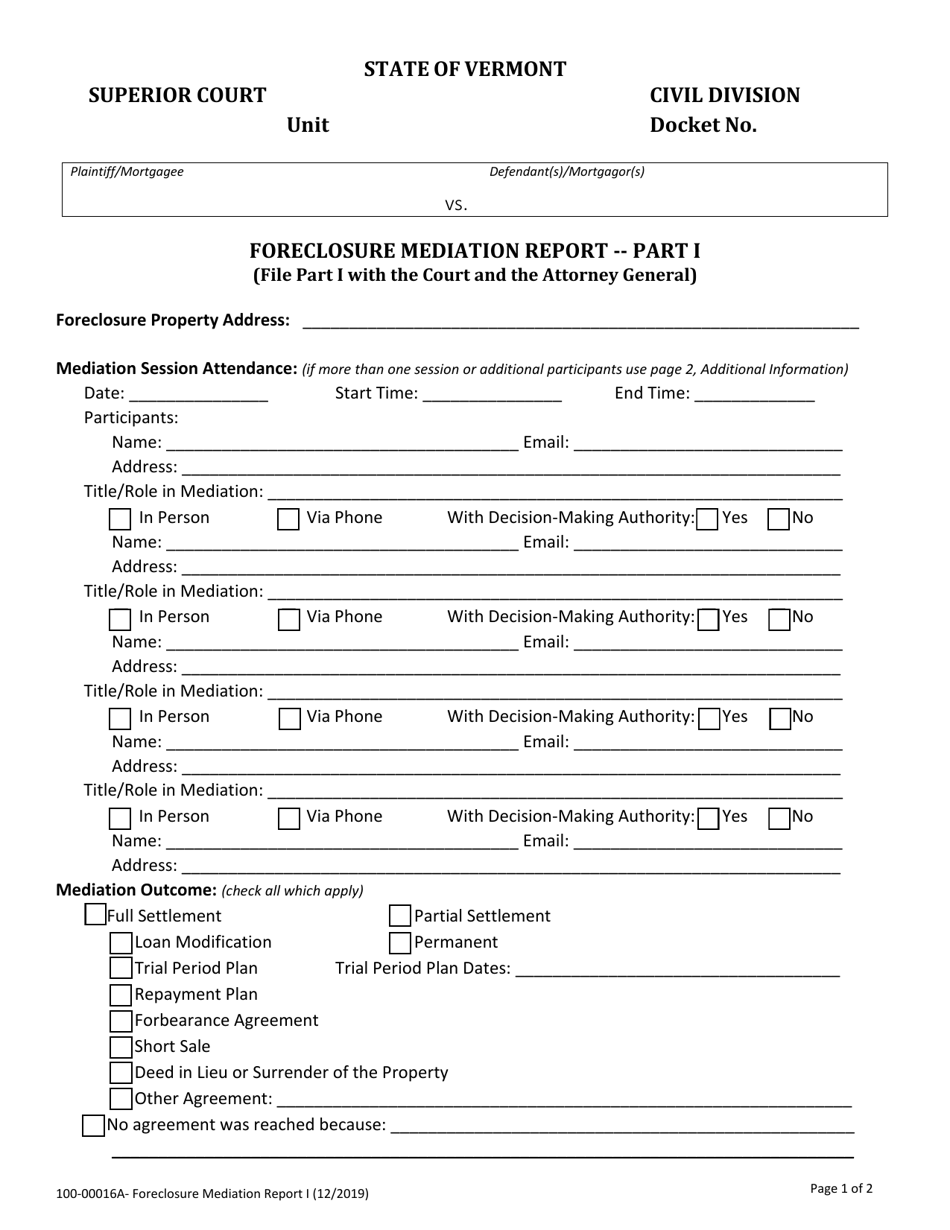 Form 100-00016A Part I Foreclosure Mediation Report - Vermont, Page 1