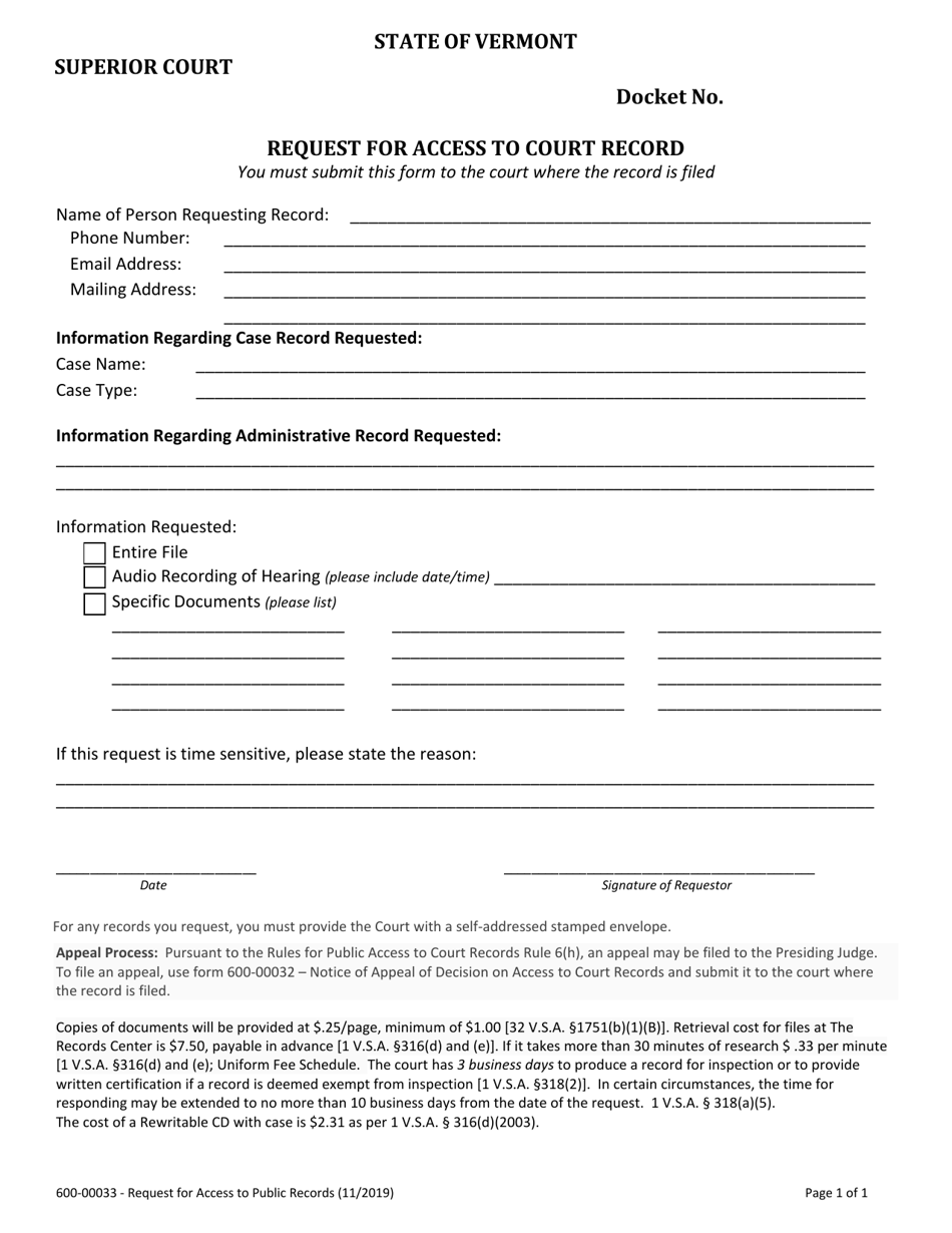 Form 600-00033 Request for Access to Court Record - Vermont, Page 1