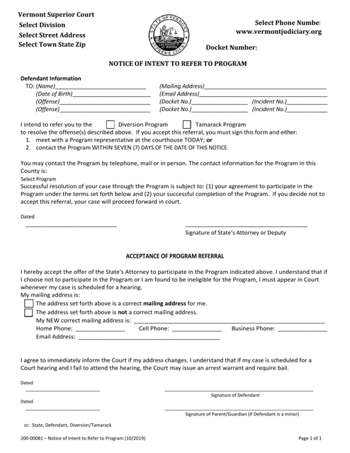 Form 200-00081 Notice of Intent to Refer to Program - Vermont