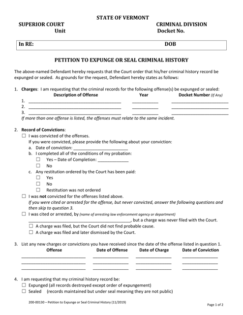 Form 200-00130 Petition to Expunge or Seal Criminal History - Vermont