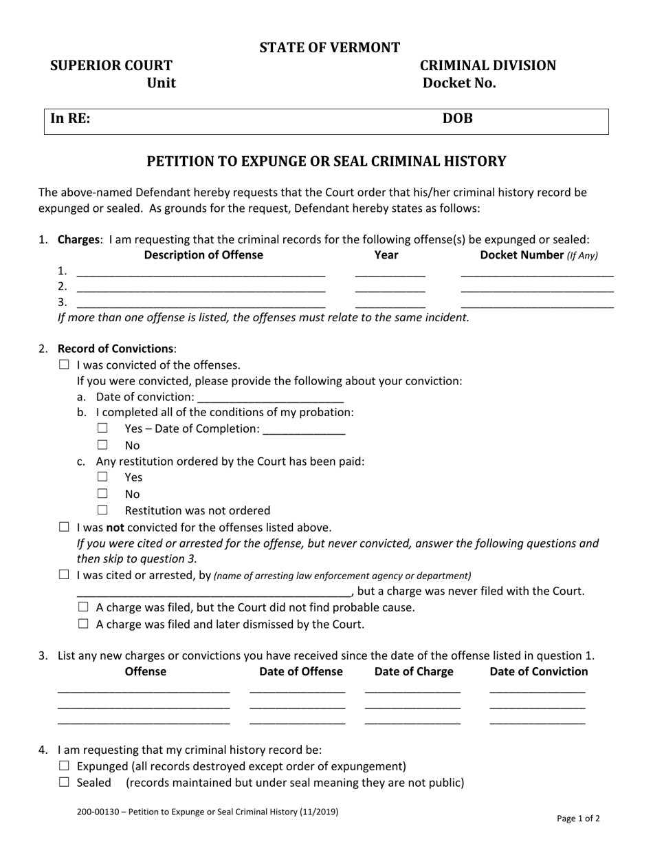 Form 200-00130 Petition to Expunge or Seal Criminal History - Vermont, Page 1