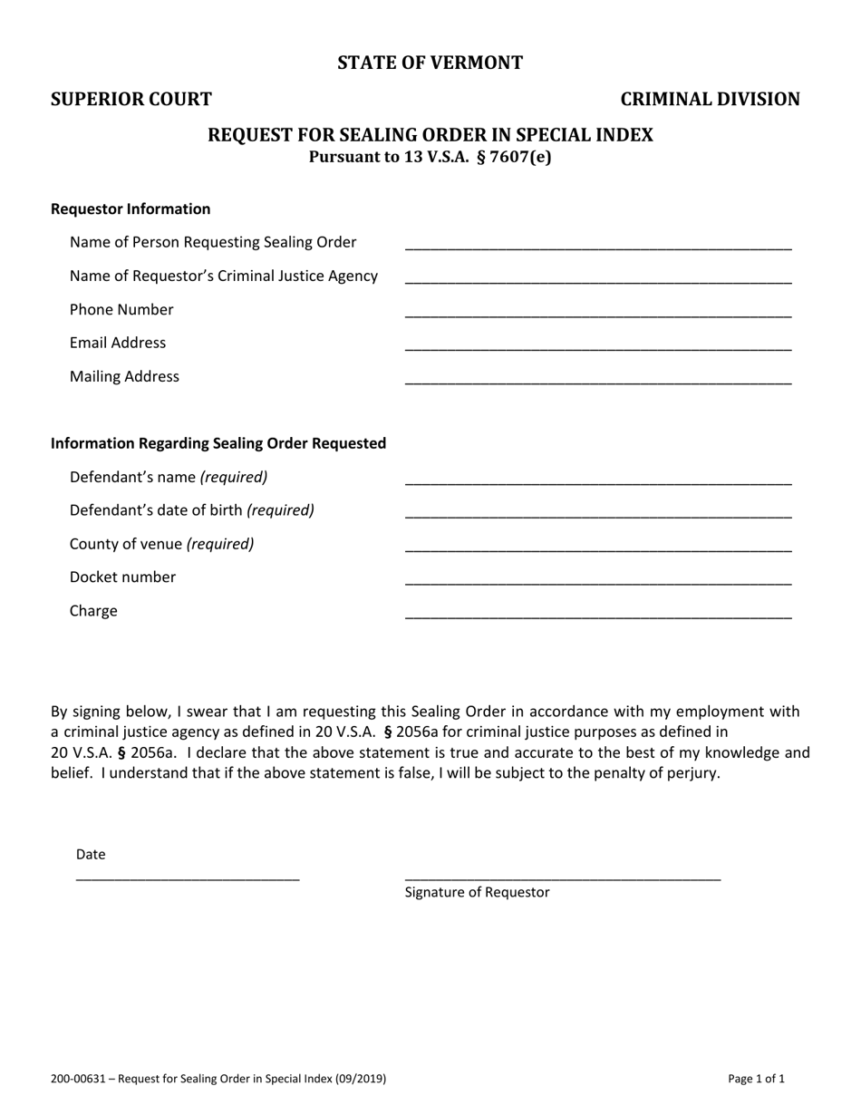 Form 200-00631 Request for Sealing Order in Special Index - Vermont, Page 1