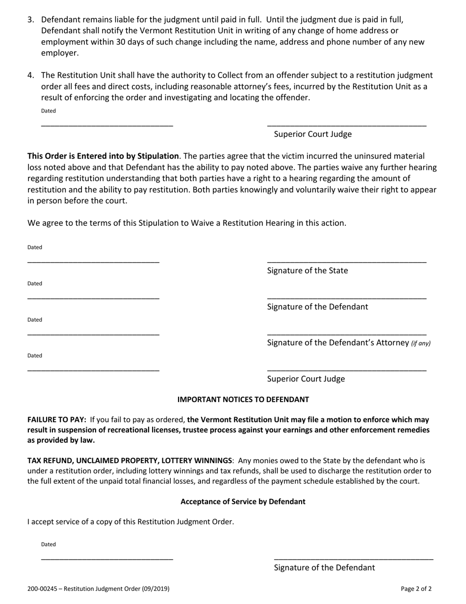 Form 200-00245 Restitution Judgment Order - Vermont, Page 2