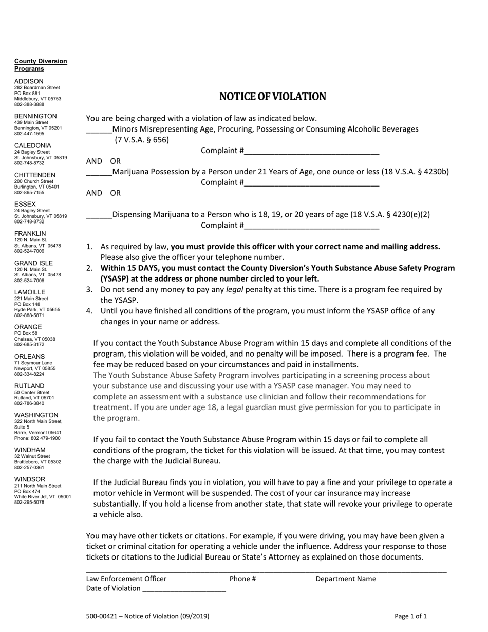 Form 500-00421 Notice of Violation - Vermont, Page 1