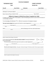 Form 400-00151MN Affidavit in Support of Relief From Abuse Complaint for Child - Vermont