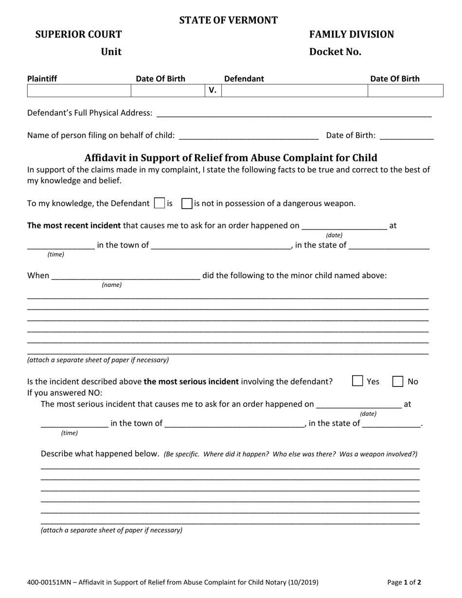Form 400-00151MN Affidavit in Support of Relief From Abuse Complaint for Child - Vermont, Page 1