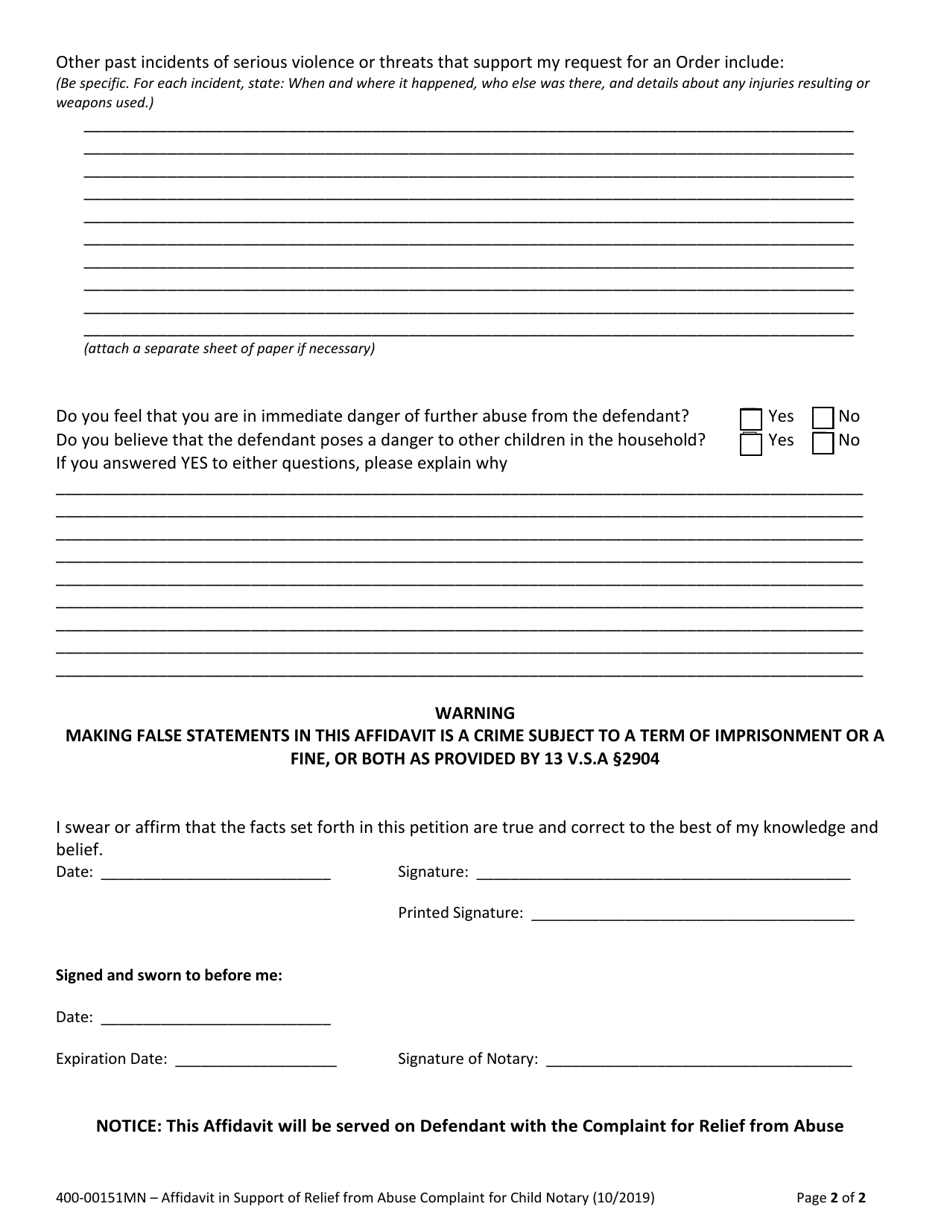 Form 400-00151MN Affidavit in Support of Relief From Abuse Complaint for Child - Vermont, Page 2