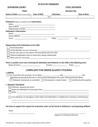 Document preview: Form 100-00247SM Complaint for Order Against Stalking - Vermont