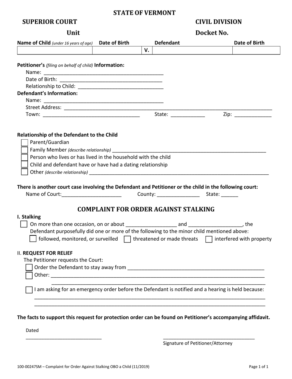 Form 100-00247SM Complaint for Order Against Stalking - Vermont, Page 1
