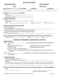 Document preview: Form 100-00247SAM Complaint for Order Against Sexual Assault - Vermont