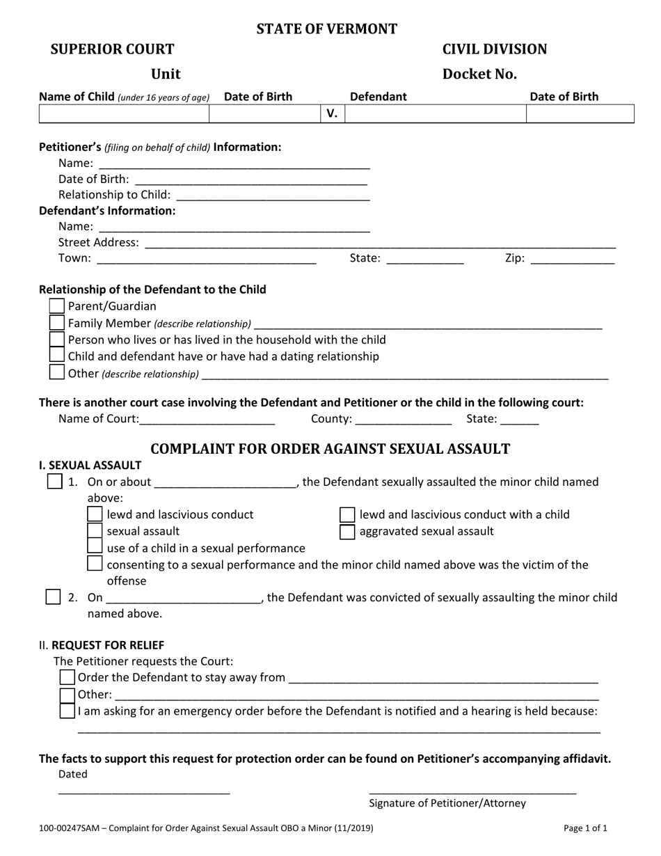 Form 100-00247SAM Complaint for Order Against Sexual Assault - Vermont, Page 1