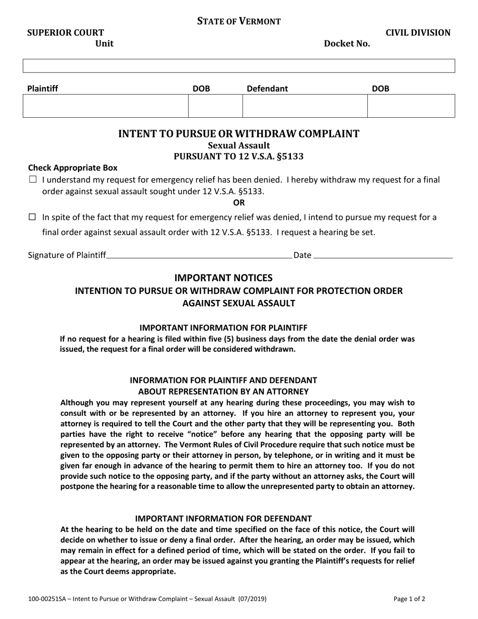 Form 100-00251SA Intent to Pursue or Withdraw Complaint - Sexual Assault - Vermont, Page 1