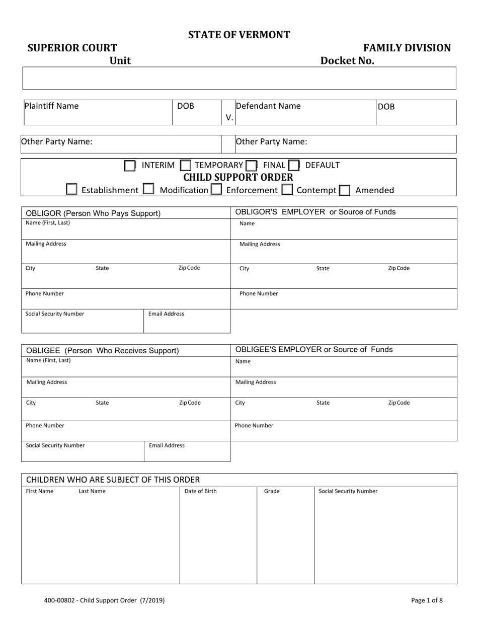 Form 400-00802 Child Support Order - Vermont, Page 1