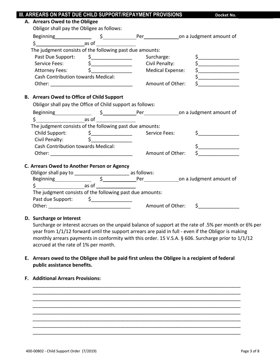 Form 400-00802 Child Support Order - Vermont, Page 3