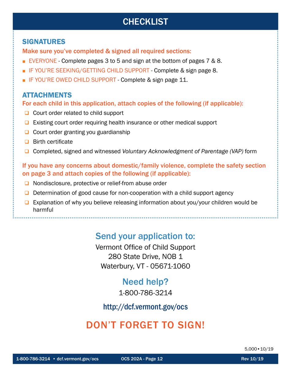 Form OCS202A Application for Child Support Services - Vermont, Page 12