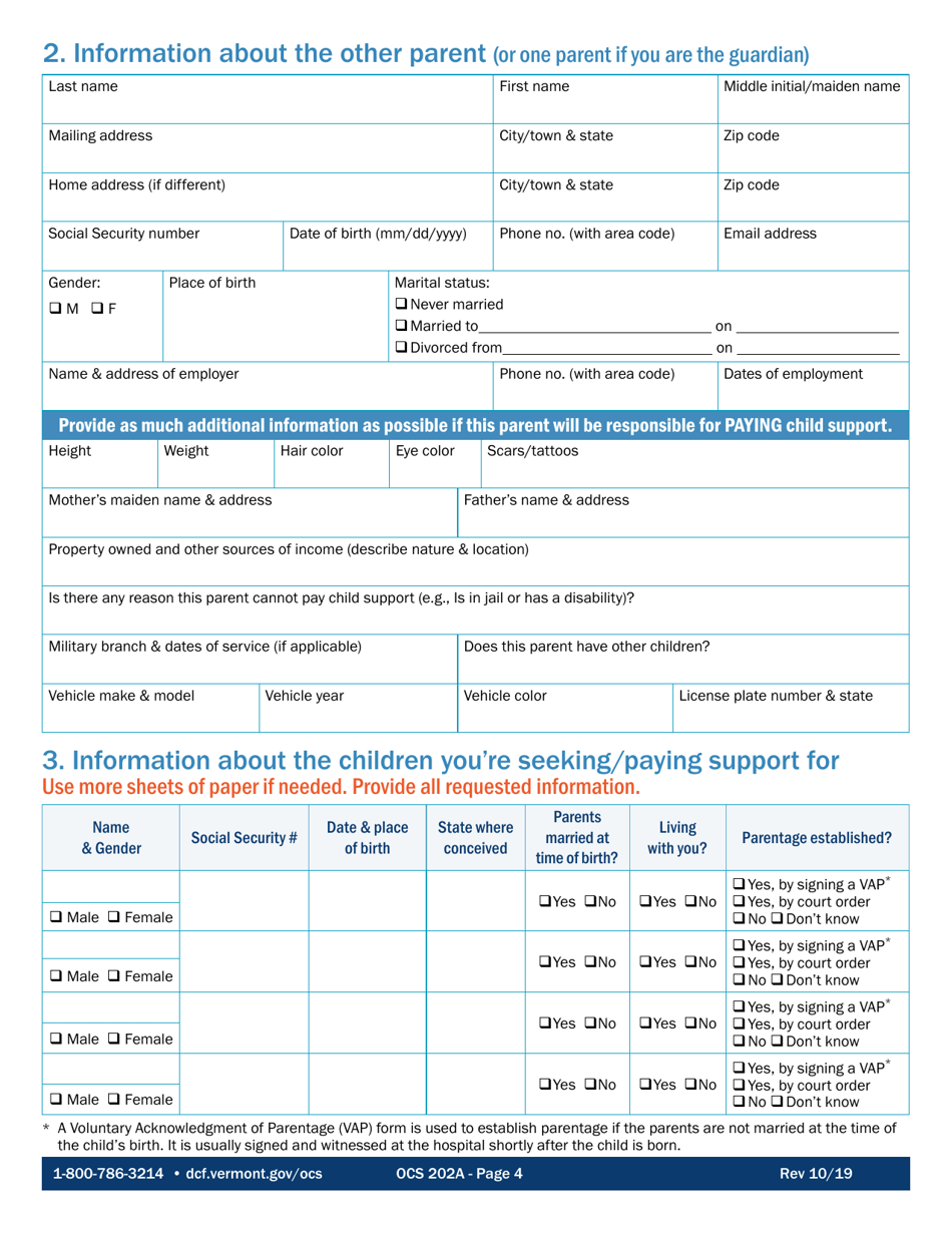 Form OCS202A Application for Child Support Services - Vermont, Page 4