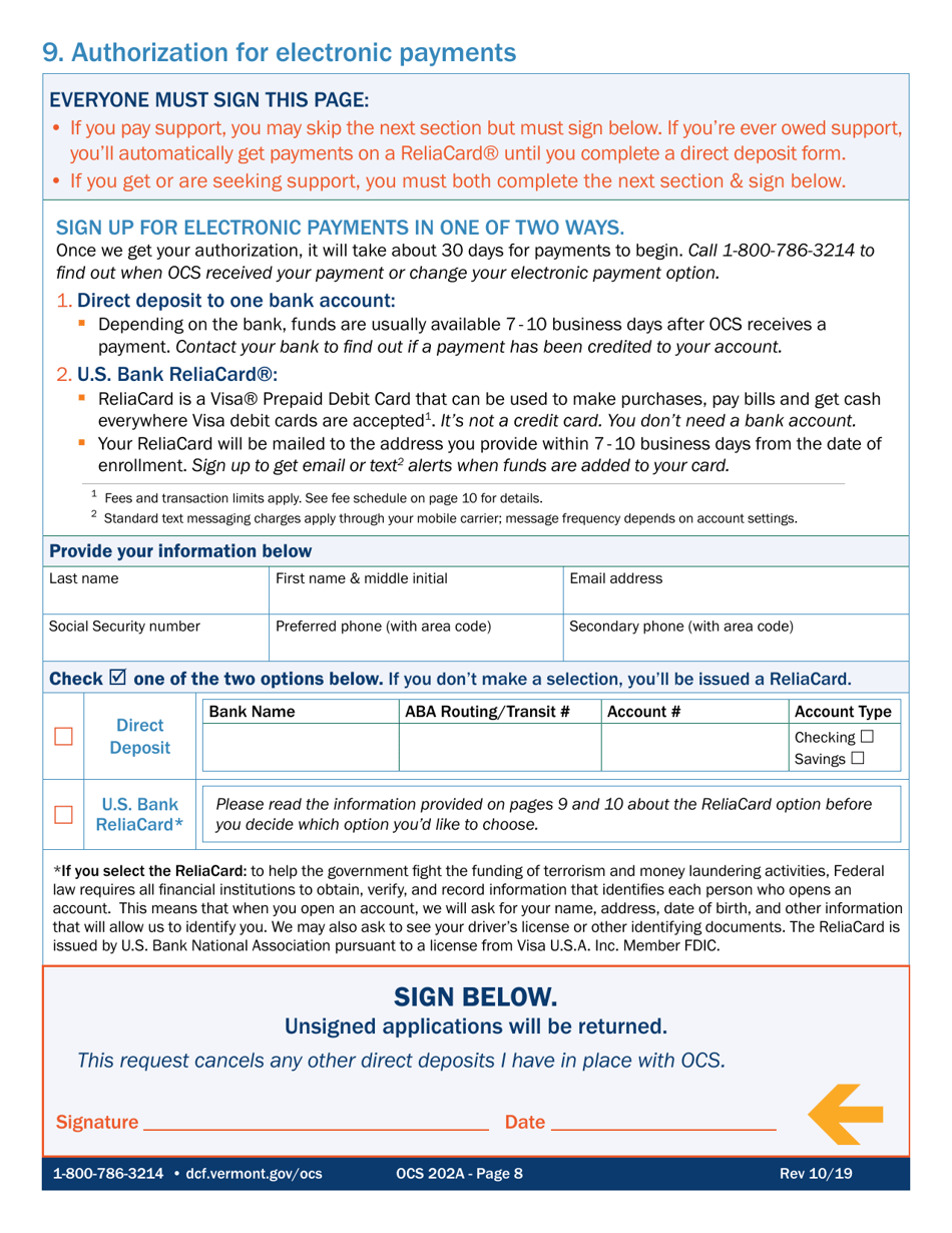 Form OCS202A Application for Child Support Services - Vermont, Page 8