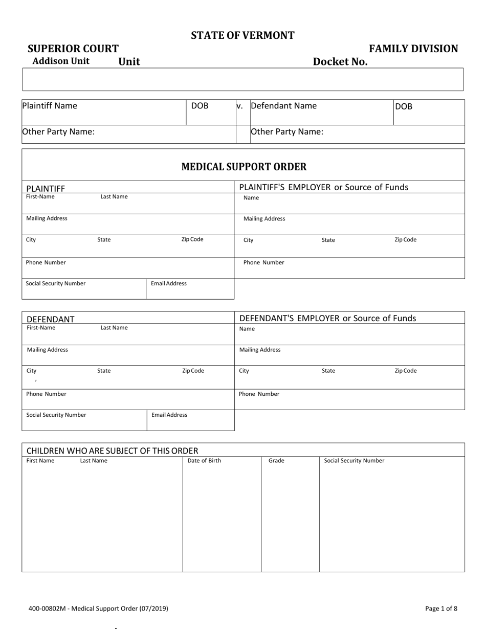 Form 400-00802M Medical Support Order - Vermont, Page 1