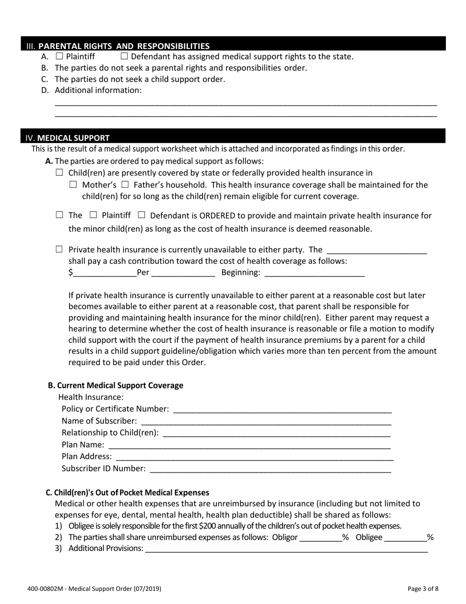Form 400-00802M Medical Support Order - Vermont, Page 3