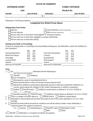 Form 400-00150C Complaint for Relief From Abuse - Vermont