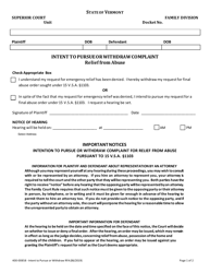 Document preview: Form 400-00858 Intent to Pursue or Withdraw Complaint for Rfa - Vermont