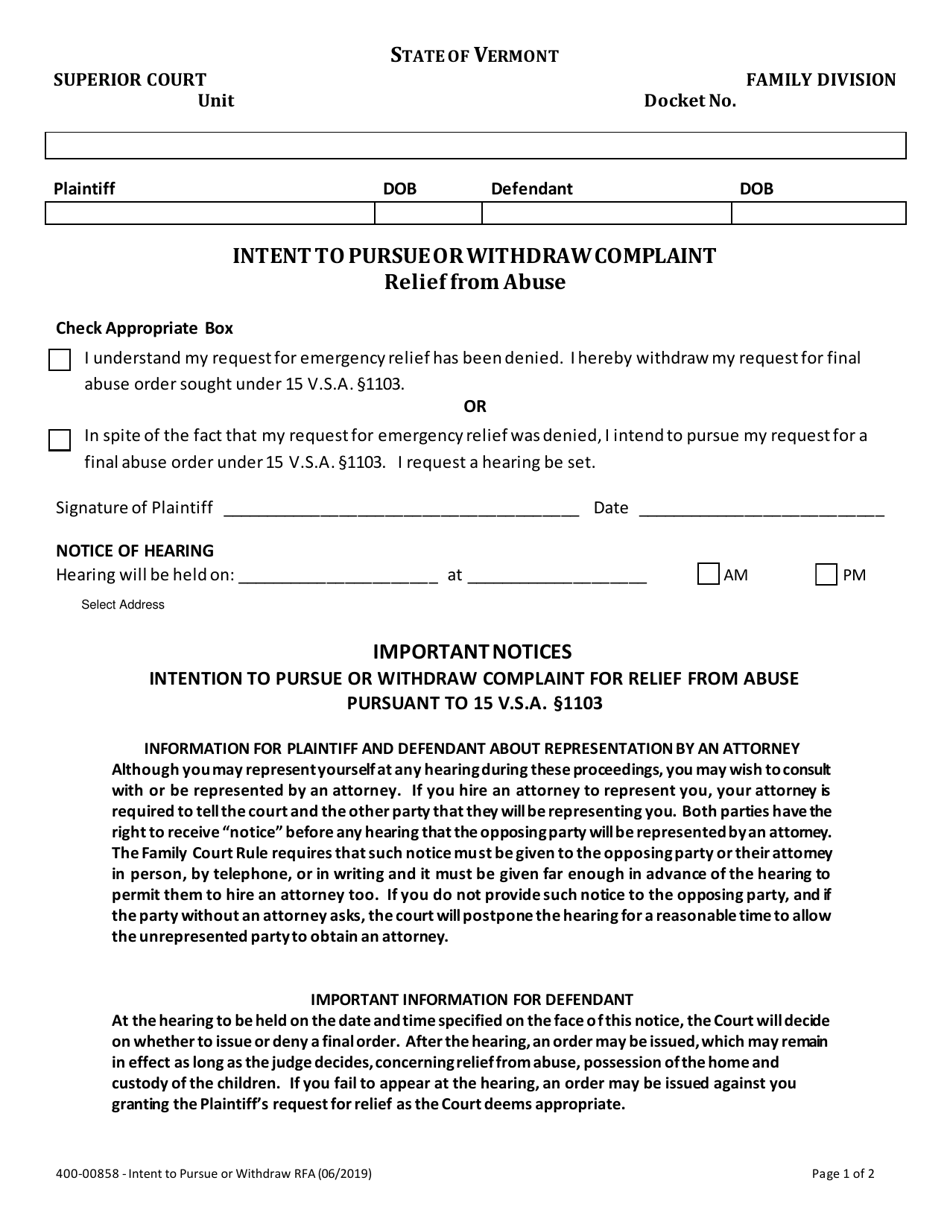 Form 400-00858 Intent to Pursue or Withdraw Complaint for Rfa - Vermont, Page 1