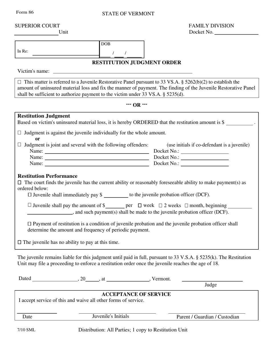 Form 86 Juvenile Restitution Judgment Order - Vermont, Page 1