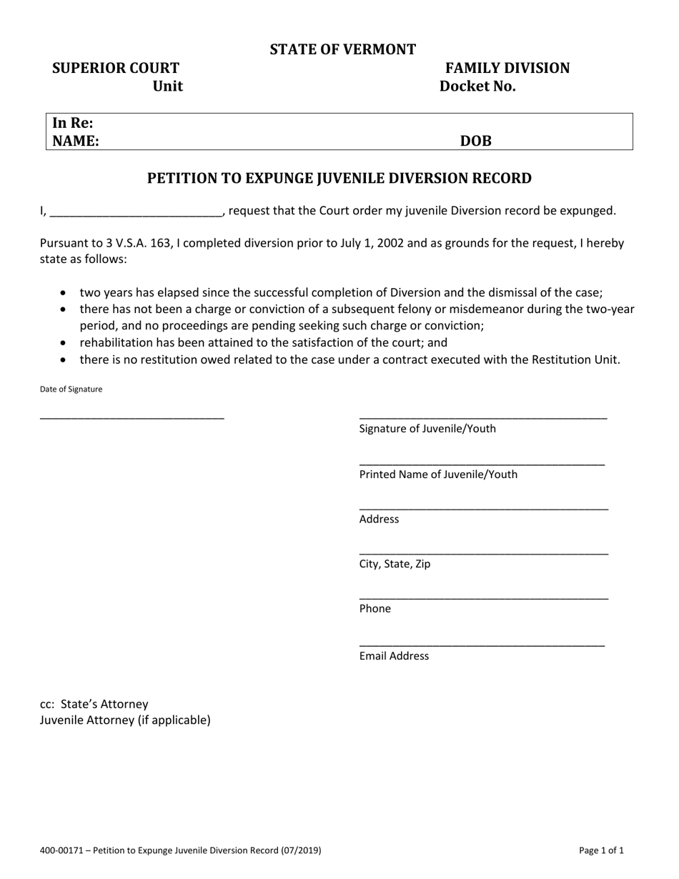 Form 400-00171 Petition to Expunge Juvenile Diversion Record - Vermont, Page 1
