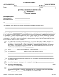 Form 400-00106 Juvenile Probation Certificate - Vermont