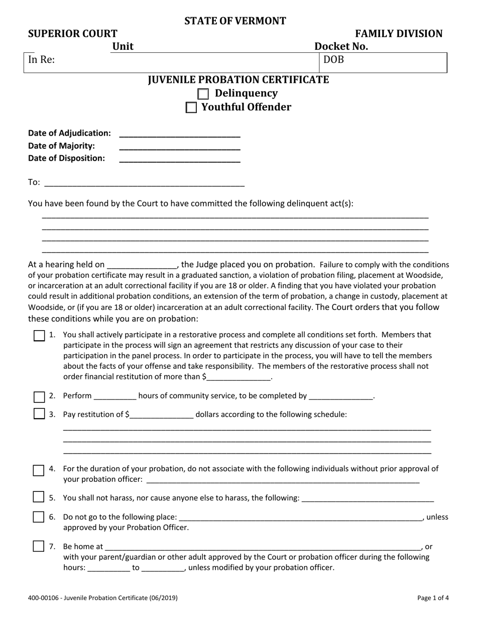 Form 400-00106 Juvenile Probation Certificate - Vermont, Page 1