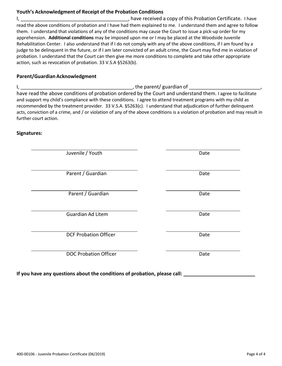 Form 400-00106 Juvenile Probation Certificate - Vermont, Page 4