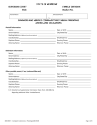 Document preview: Form 400-00817 Summons and Verified Complaint to Establish Parentage and Related Obligations - Vermont