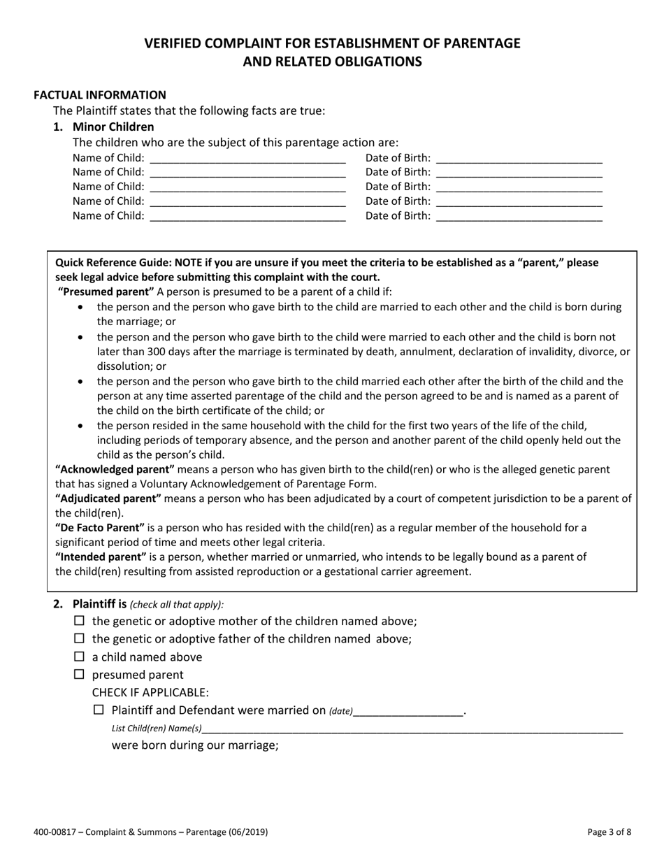 Form 400-00817 Summons and Verified Complaint to Establish Parentage and Related Obligations - Vermont, Page 3
