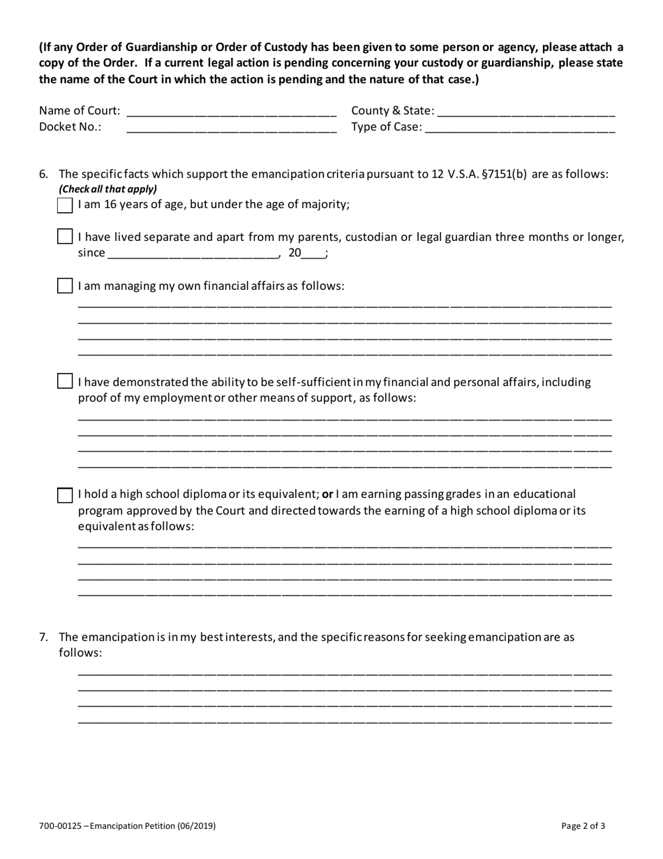 Form 700-00125 Emancipation Petition - Vermont, Page 3