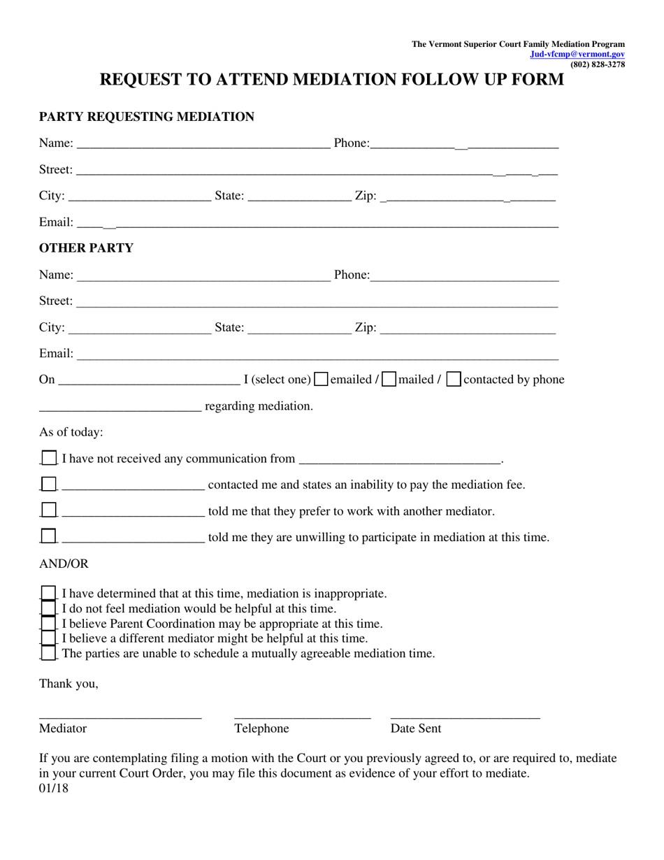 Request to Attend Mediation Follow up Form - Vermont, Page 1