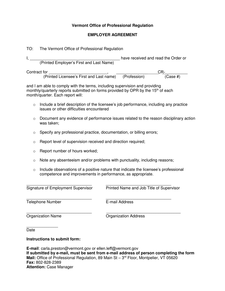 Vermont Office of Professional Regulation Employer Agreement - Vermont, Page 1