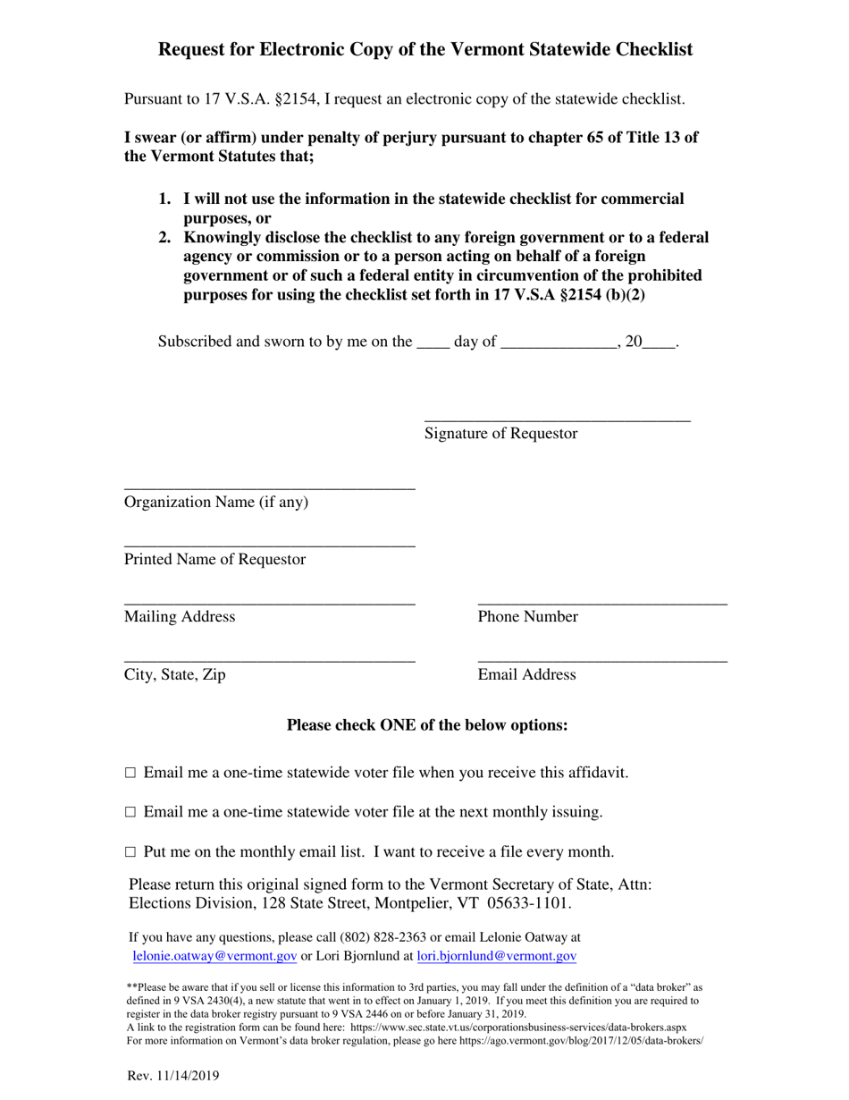 Request for Electronic Copy of the Vermont Statewide Checklist - Vermont, Page 1