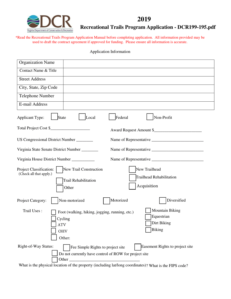 Form DCR199-195 Recreational Trails Program Application - Virginia, Page 1
