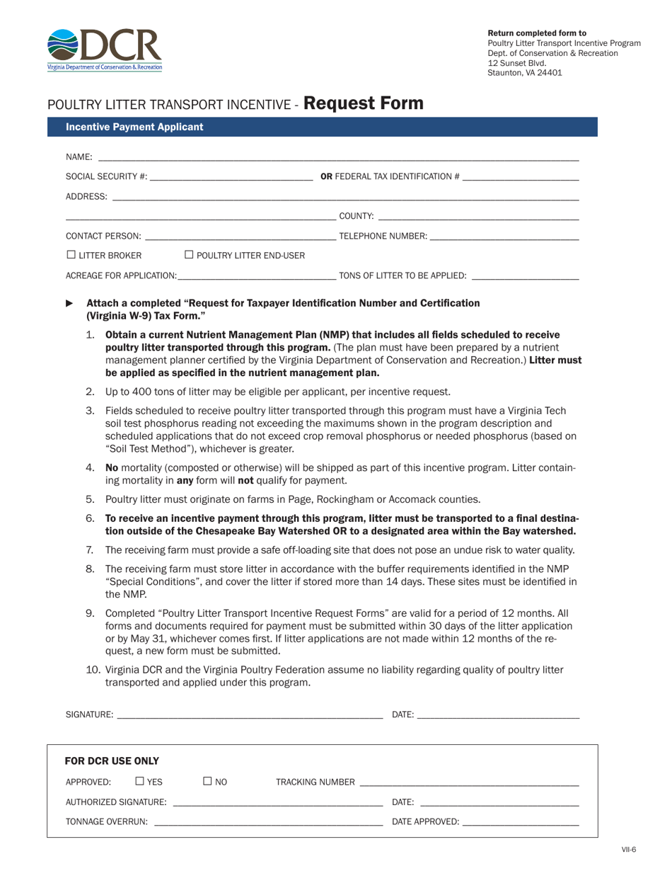 Form DCR199-184 Poultry Litter Transport Incentive Request Form - Virginia, Page 1