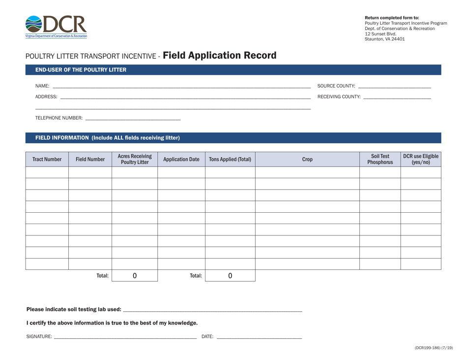 Form DCR199-186 Poultry Litter Transport Incentive Field Application Record - Virginia, Page 1