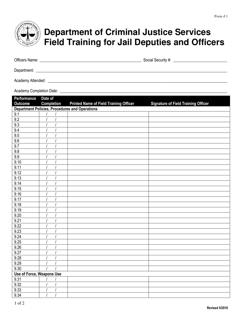 Form J-1 Field Training for Jail Deputies and Officers - Virginia, Page 1