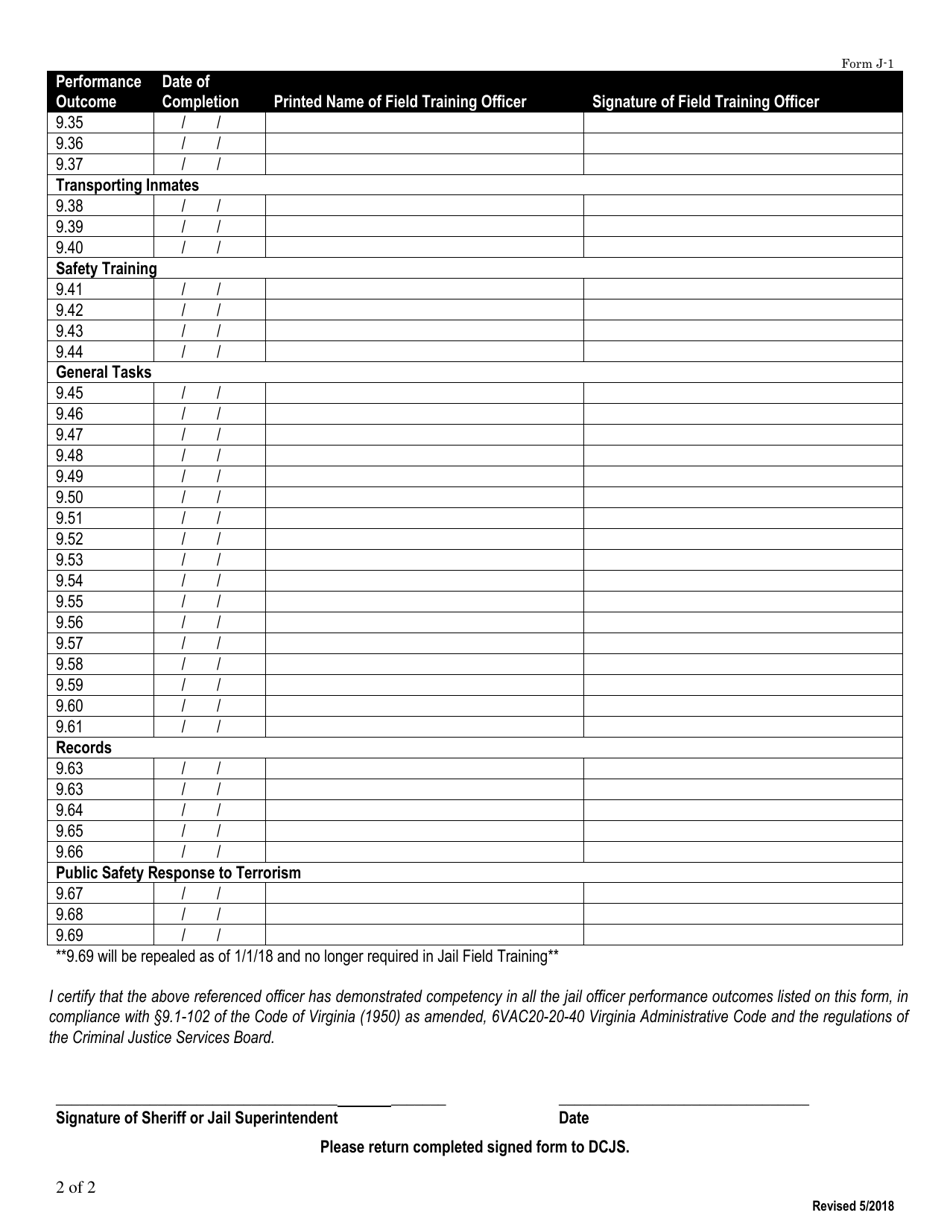 Form J-1 Field Training for Jail Deputies and Officers - Virginia, Page 2