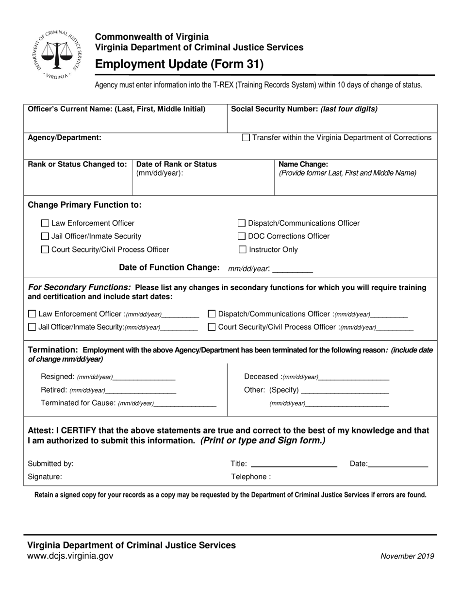 Form 31 Employment Update - Virginia, Page 1