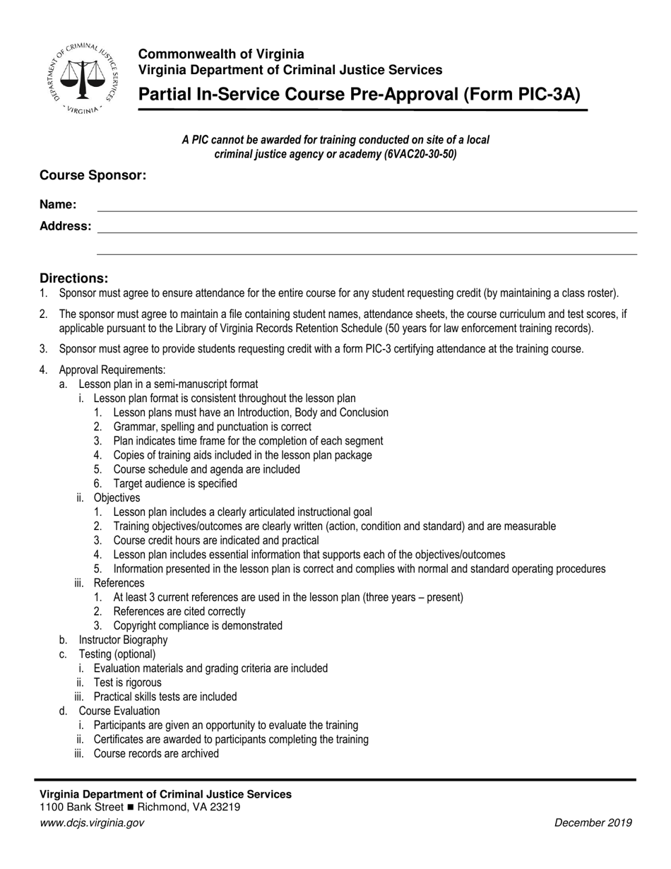 Form PIC-3A Partial In-Service Course Pre-approval - Virginia, Page 1