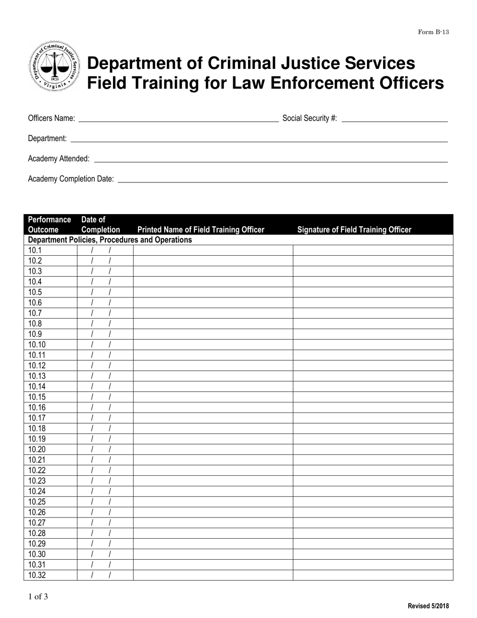 Form B-13 Field Training for Law Enforcement Officers - Virginia, Page 1