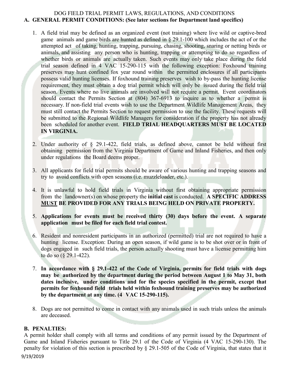 Application for Dog Field Trial Permit - Virginia, Page 2