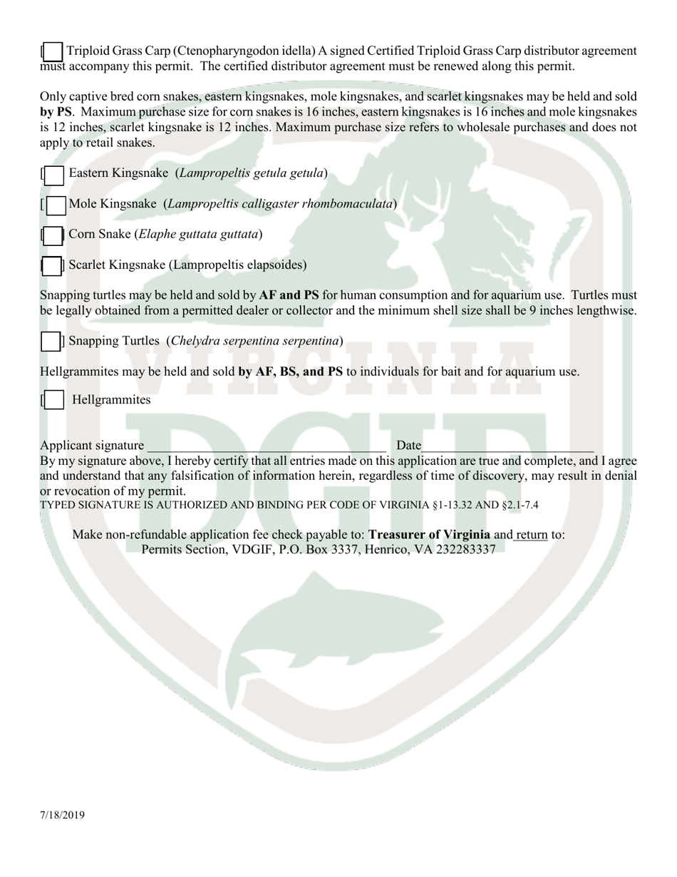 Application to Hold and Sell Certain Fish, Snakes, Snapping Turtles,  Hellgrammites for Sale - Virginia, Page 3