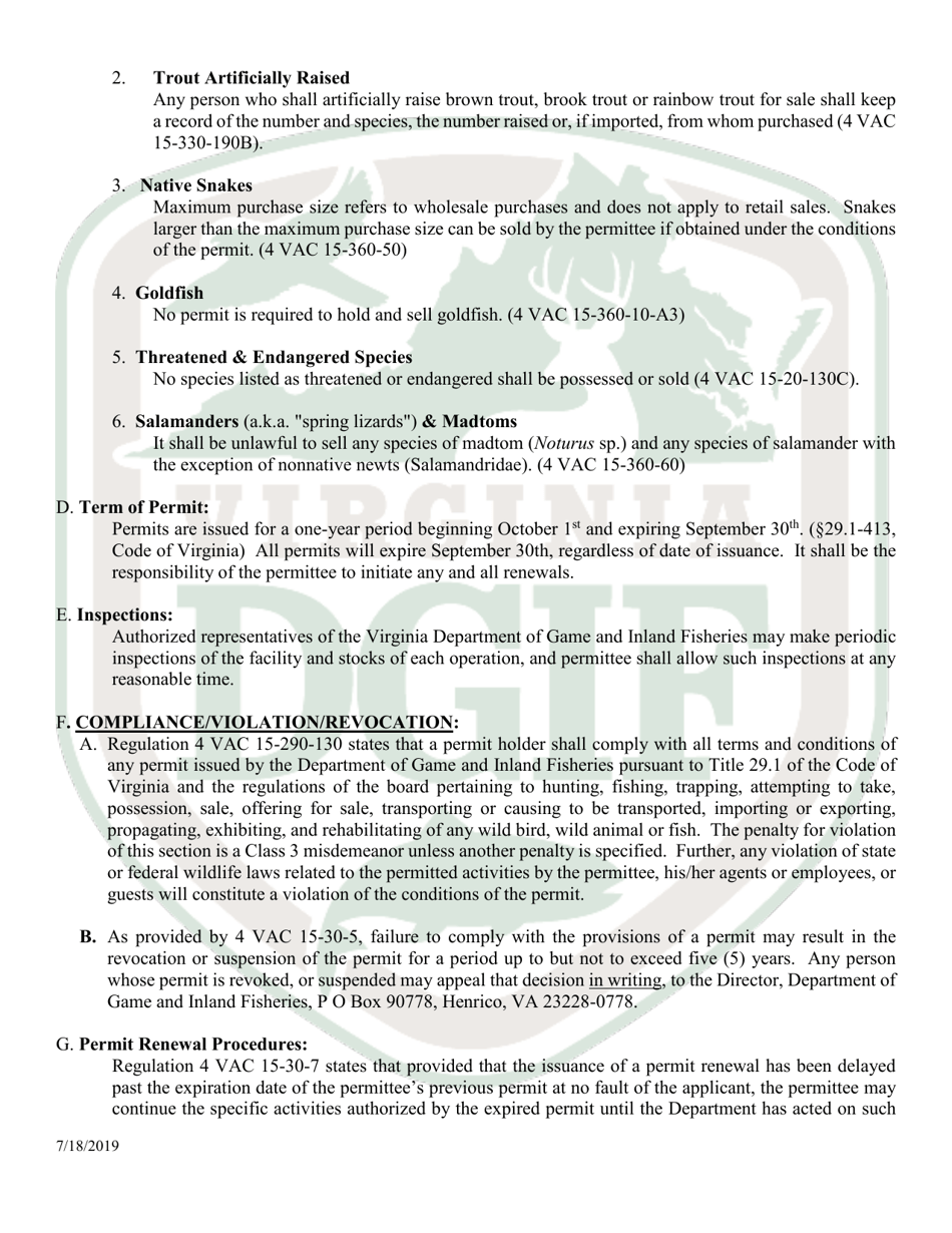 Application to Hold and Sell Certain Fish, Snakes, Snapping Turtles,  Hellgrammites for Sale - Virginia, Page 7